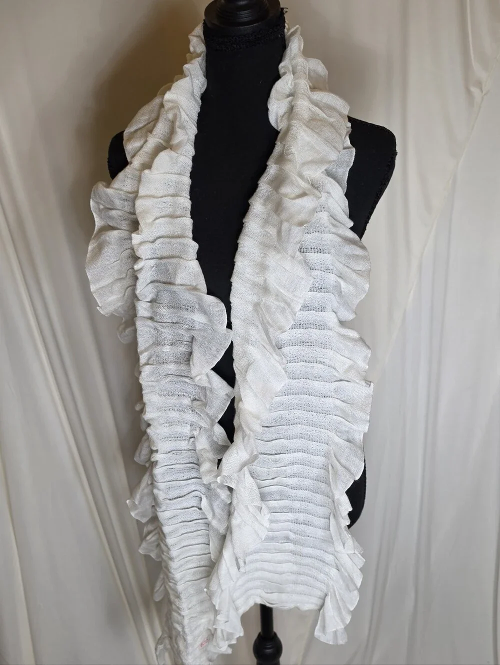 Echo Cream Ivory Ruffle Knit Scarf Long Accordion Pleat Tiered Coquette Boho OS